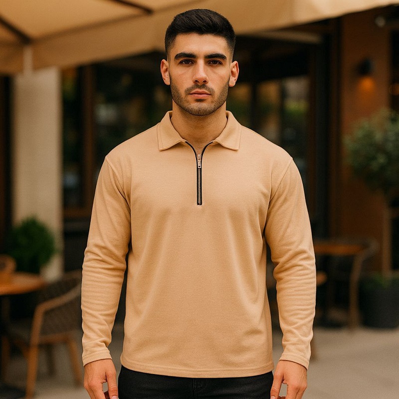بلوز مردانه نیم زیپ آستین بلند کرم مدل FARBOD