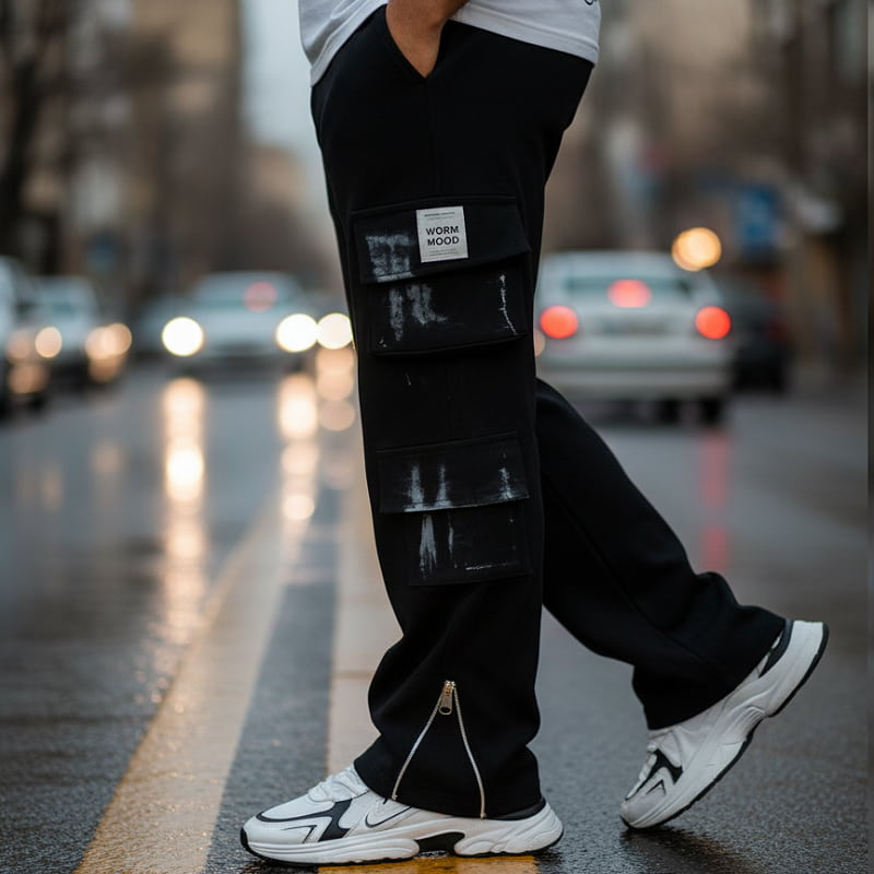 شلوار کارگو شش جیب پایین زیپ مدل sami-مشکی